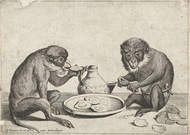 Monkeys eating Oysters etching